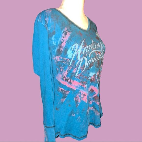 Harley Davidson dark teal green long sleeve top with logo on front - Picture 5 of 10